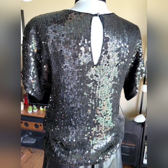 ✨️100% Silk Vintage Lipton's Black Squined Top Blouse - Picture 7 of 12